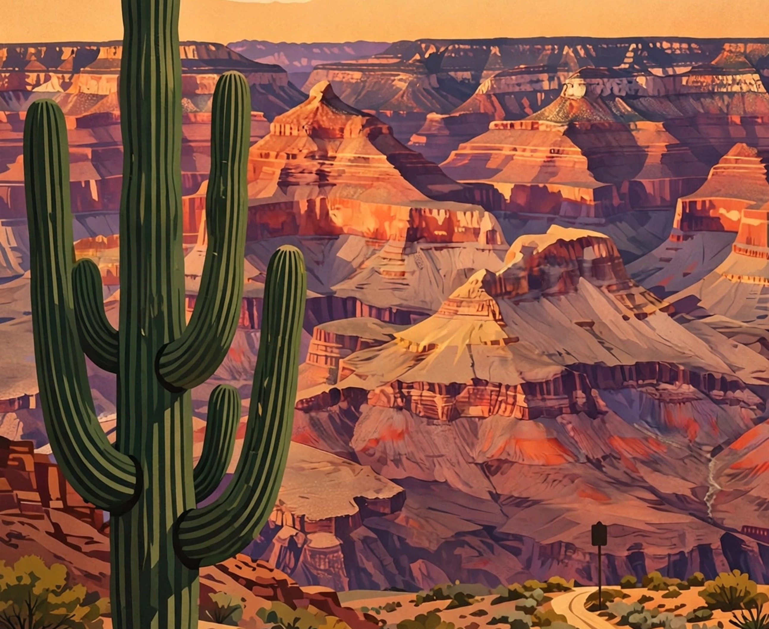 Painted illustration of the Grand Canyon with a tall saguaro cactus in the foreground